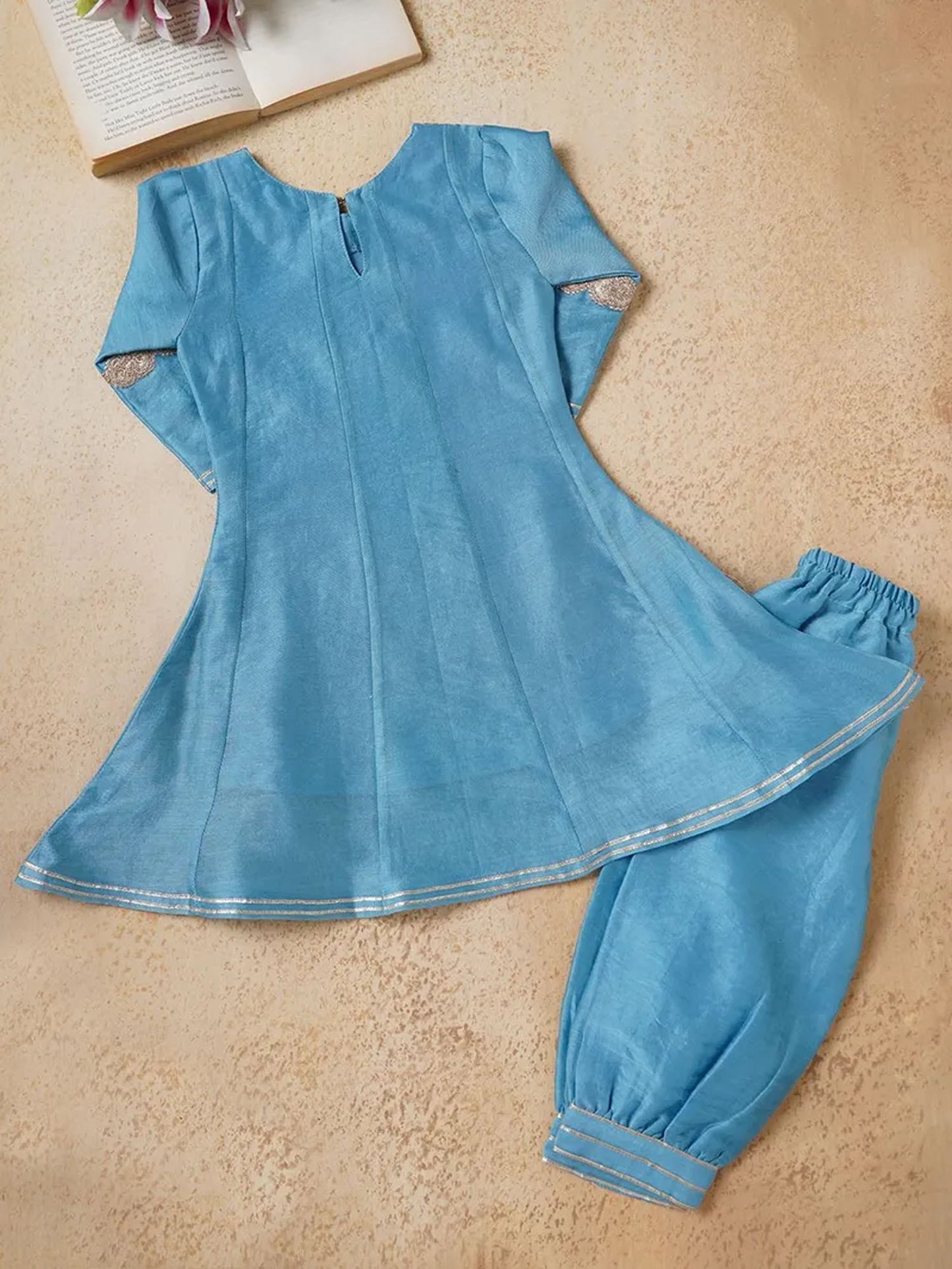Sky Blue Lace Work Chanderi Suit- Set of 3