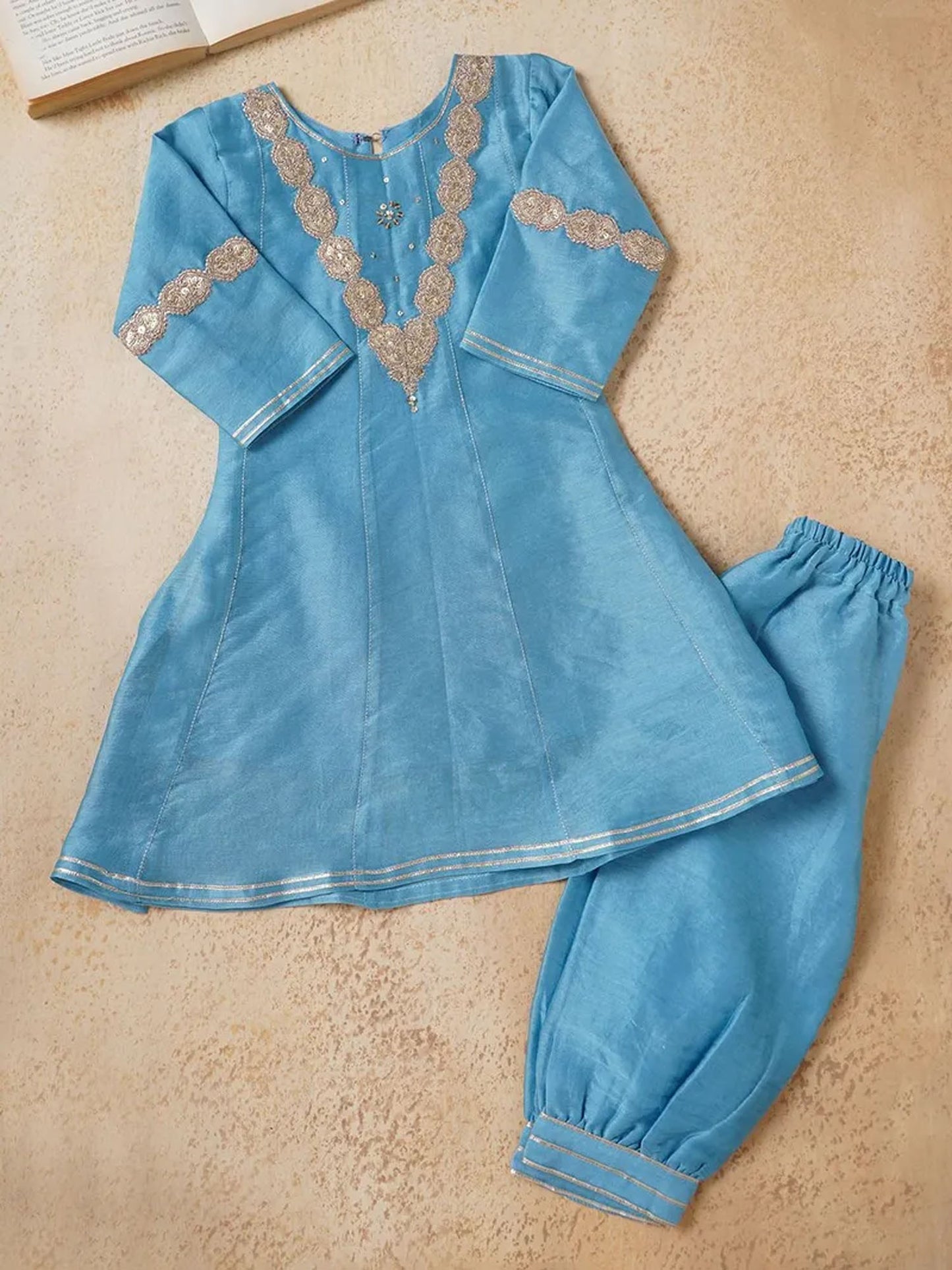 Sky Blue Lace Work Chanderi Suit- Set of 3