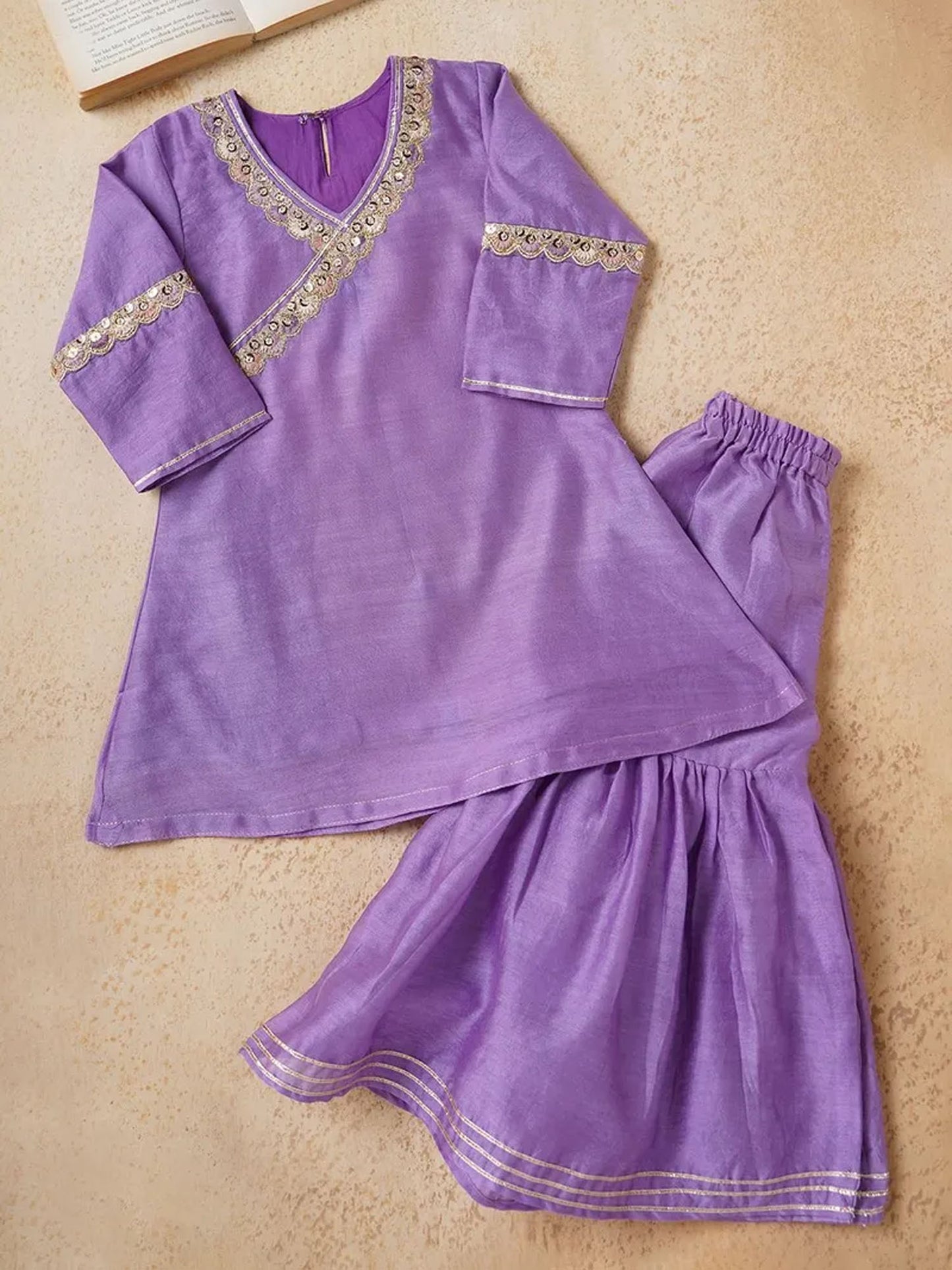 Lilac Lace Work Chanderi Sharara Suit- Set of 3