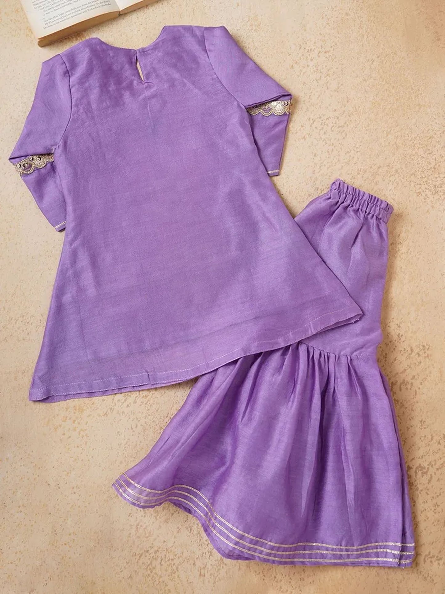 Lilac Lace Work Chanderi Sharara Suit- Set of 3
