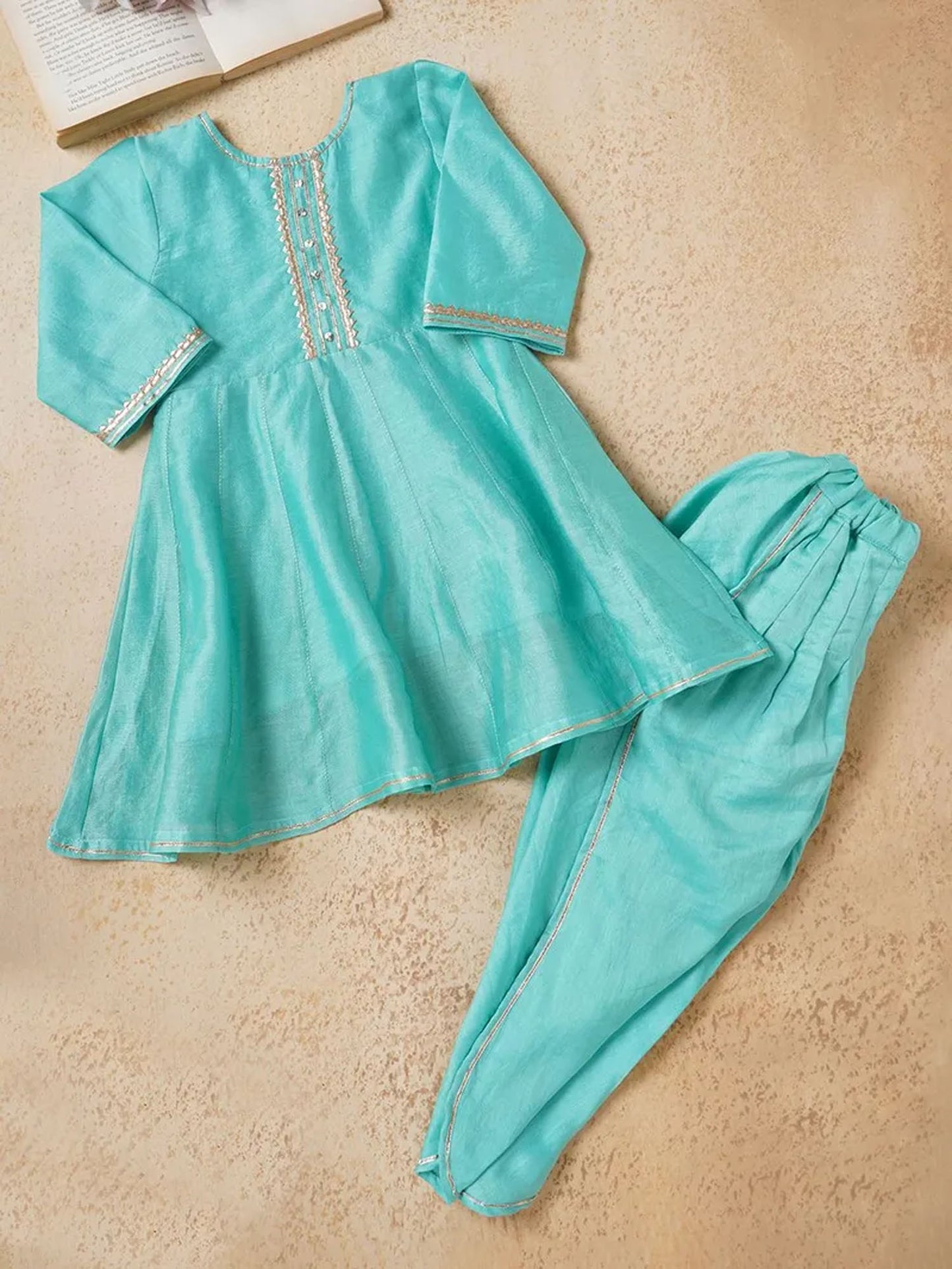 Blue Lace Work Chanderi Suit- Set of 3