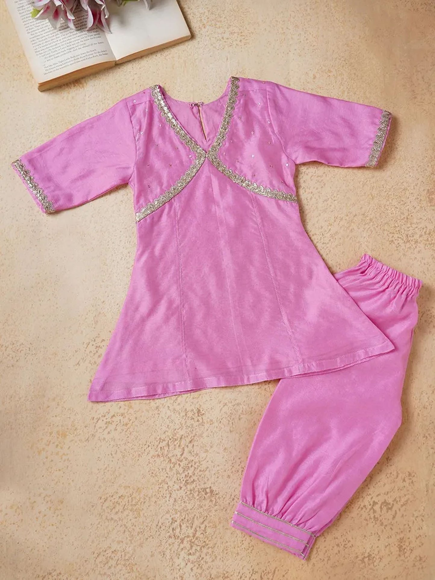 Pink Lace Work Chanderi Suit- Set of 3