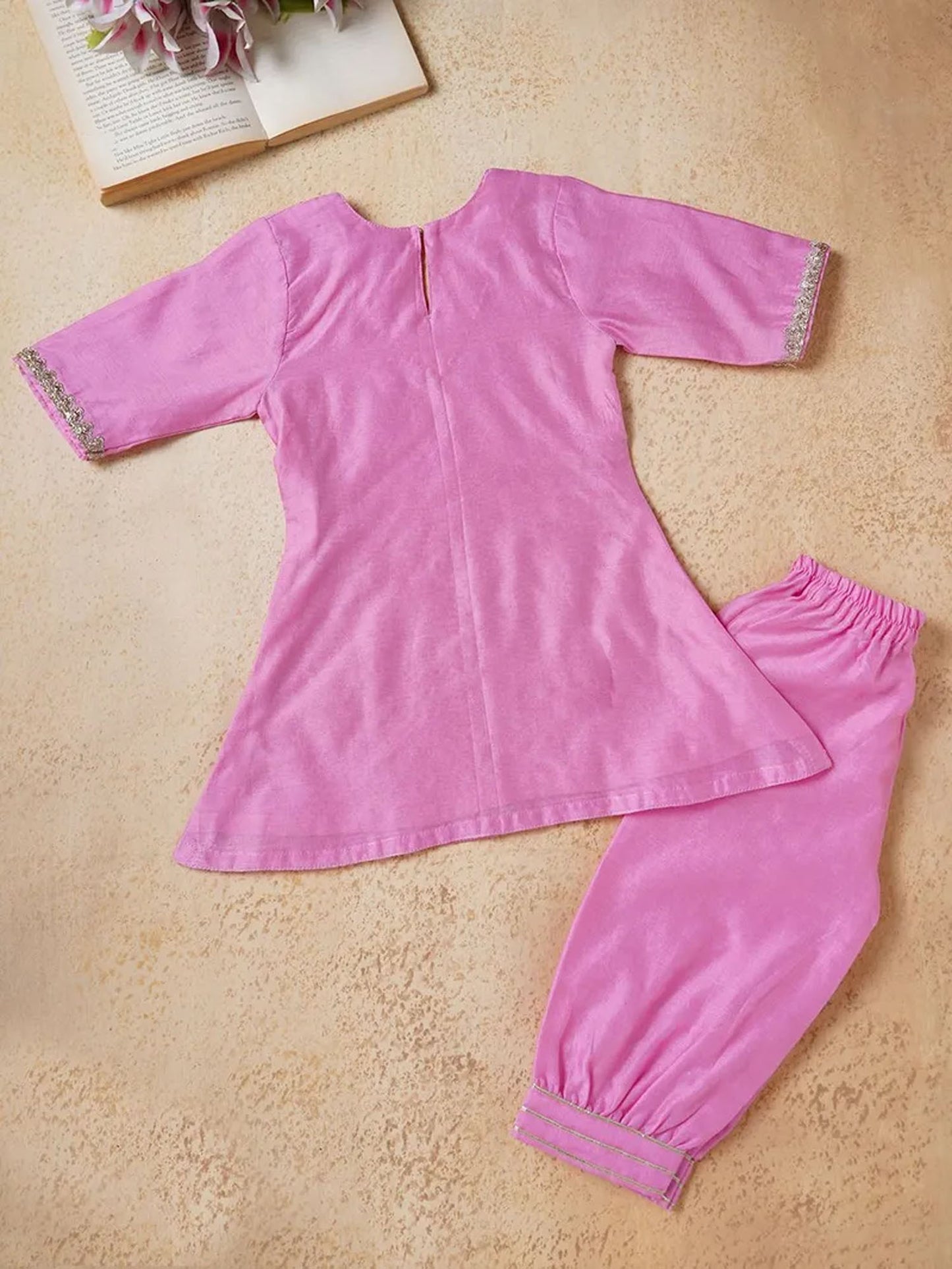 Pink Lace Work Chanderi Suit- Set of 3