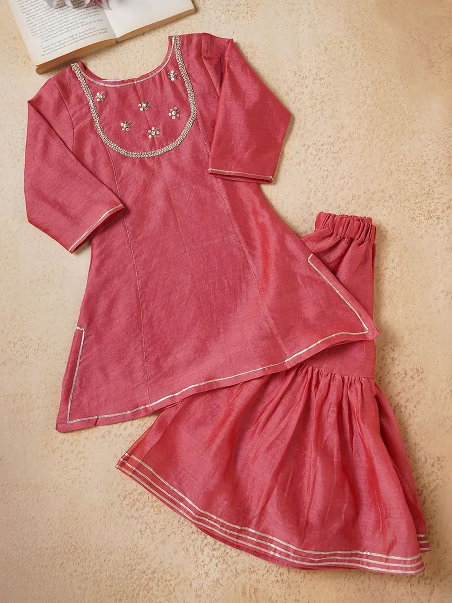 Red Embroidered Chanderi Sharara Suit- Set of 3