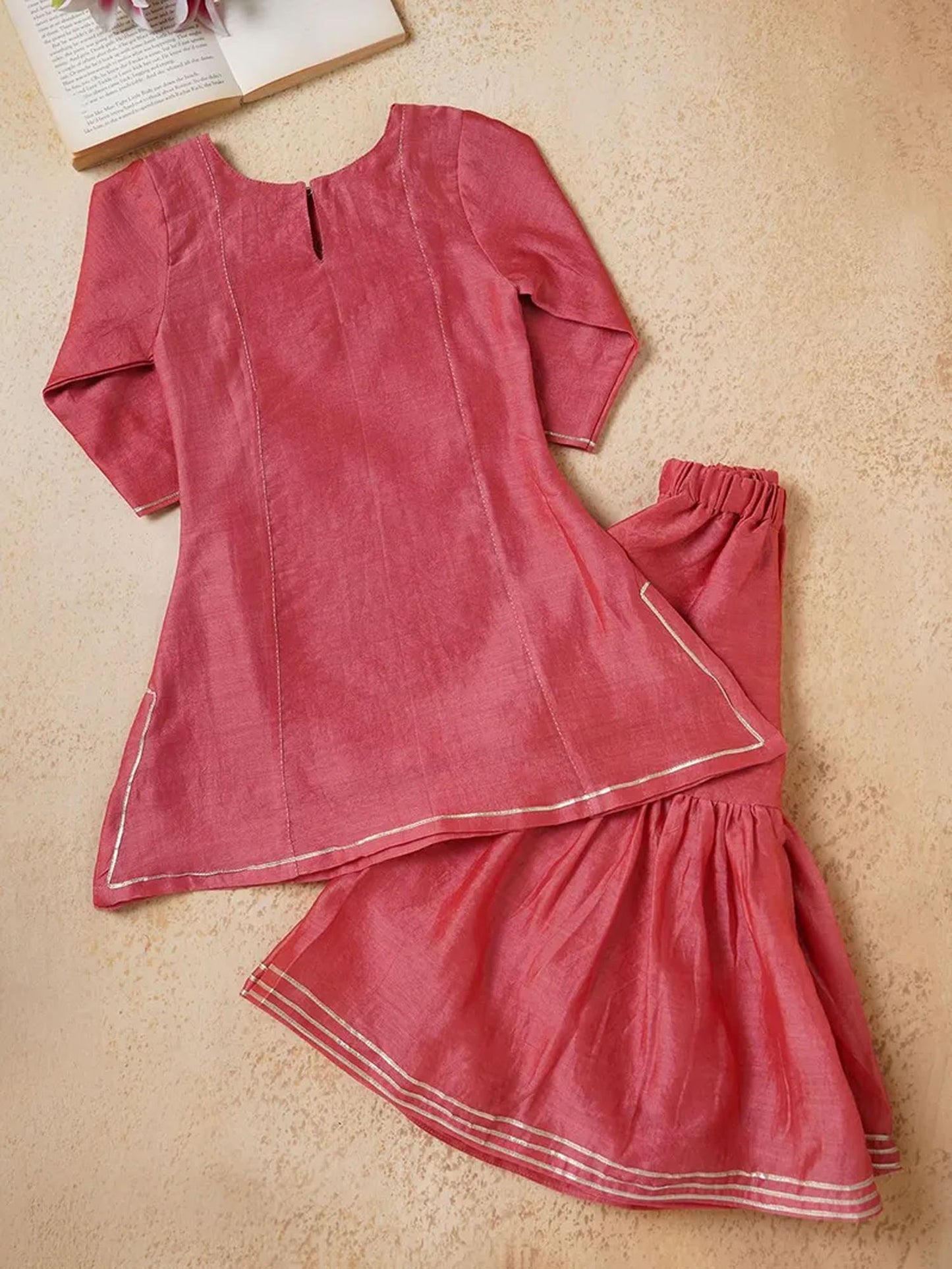 Red Embroidered Chanderi Sharara Suit- Set of 3