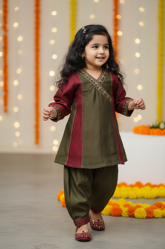 Olive Green Maroon Angarkha style Kurta with Pants for Kids
