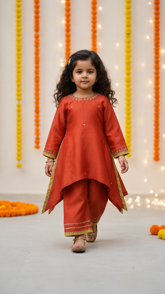 Orange Chanderi Kurta with Plazzo Pants
