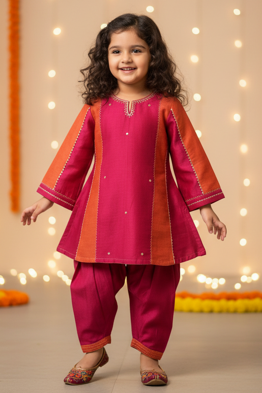 Pink orange Kids chanderi Kurta with Pant