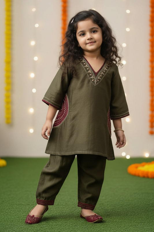 Olive Green Chanderi kurta with Afgani Pant for kids