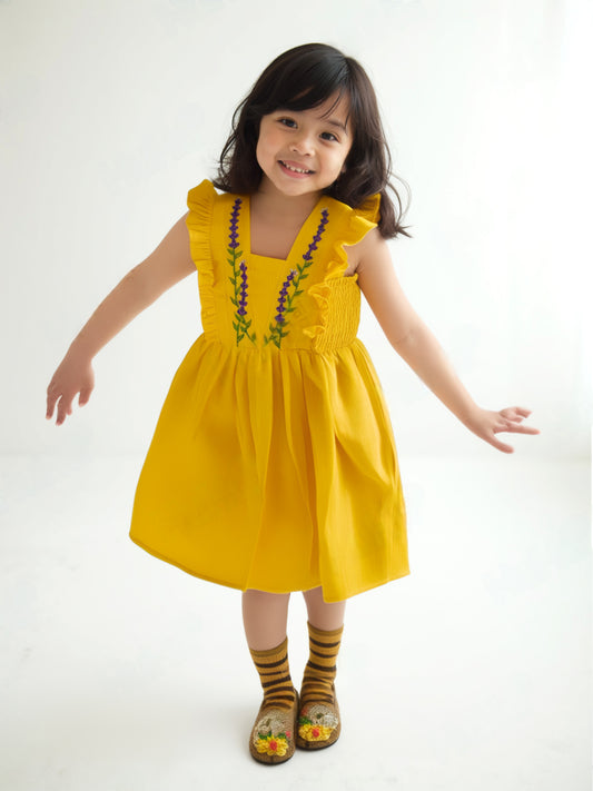 Yellow Cotton Slub Silk Thread Embroidered Dress