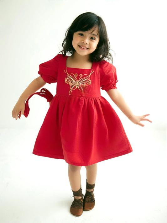 Red Cotton Slub Butterfly Embroidered Dress