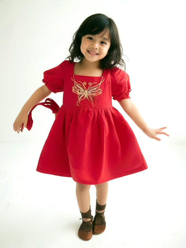 Red Cotton Slub Butterfly Embroidered Dress