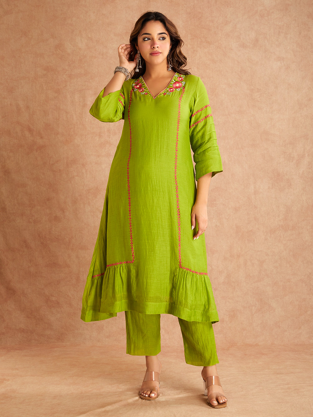 Light Green Mul Chanderi Silk Embroidered  Kurta WIth Pants