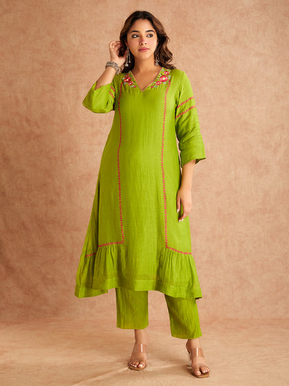Light Green Mul Chanderi Silk Embroidered  Kurta WIth Pants