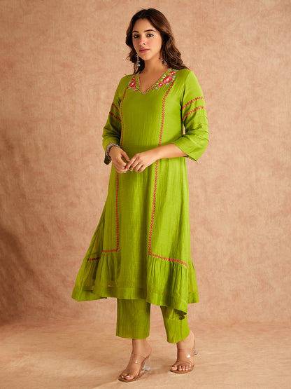 Light Green Mul Chanderi Silk Embroidered  Kurta WIth Pants