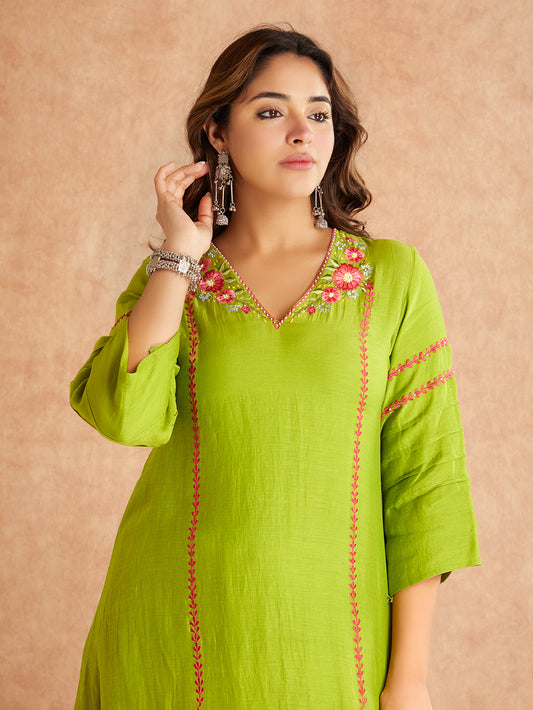 Light Green Mul Chanderi Silk Embroidered  Kurta WIth Pants