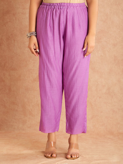 Lilac Silk Embroidered  Mul Chanderi Kurta with Pant