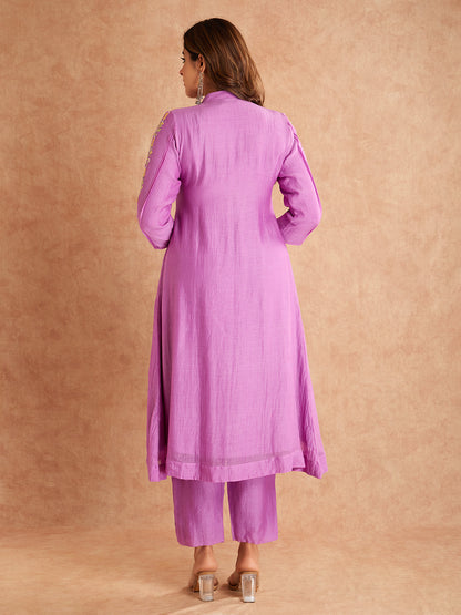 Lilac Silk Embroidered  Mul Chanderi Kurta with Pant