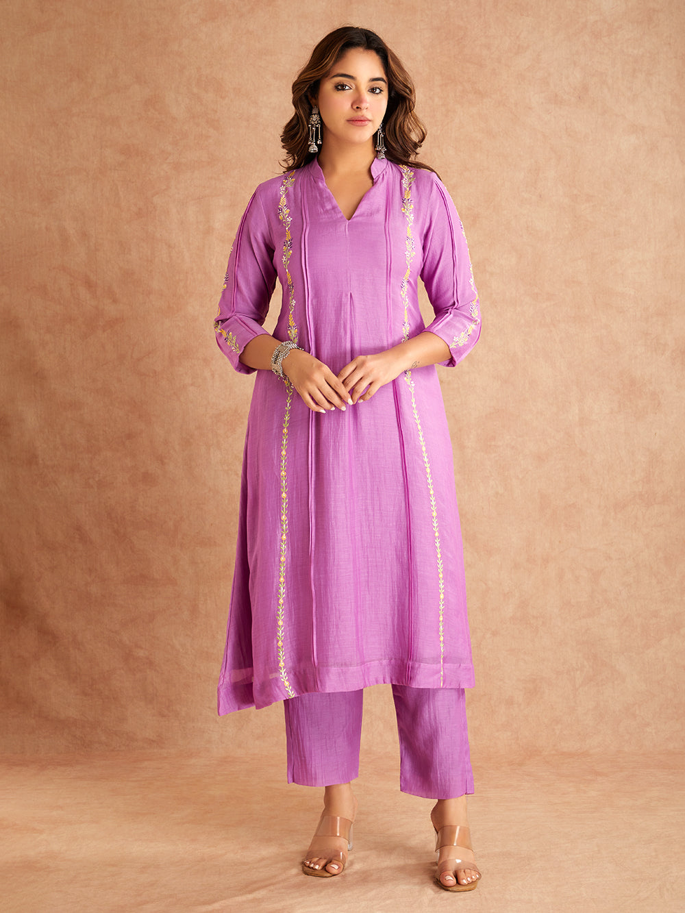 Lilac Silk Embroidered  Mul Chanderi Kurta with Pant