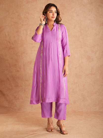 Lilac Silk Embroidered  Mul Chanderi Kurta with Pant