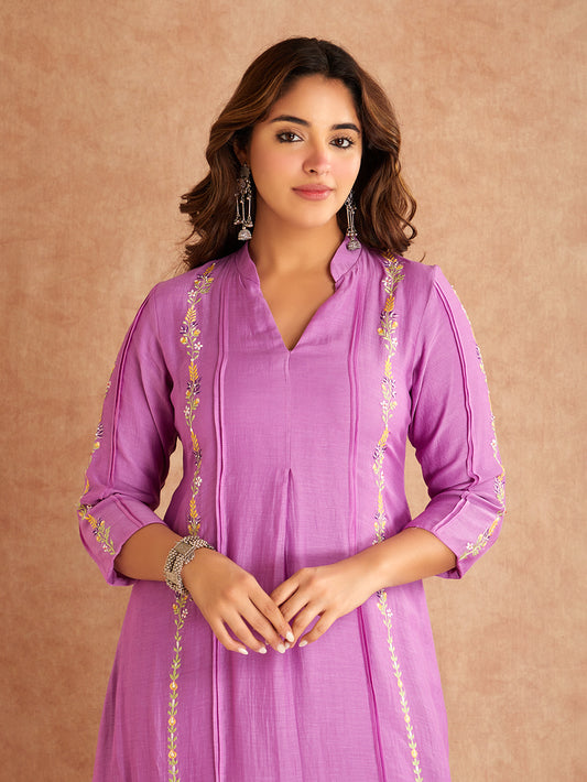 Lilac Silk Embroidered  Mul Chanderi Kurta with Pant