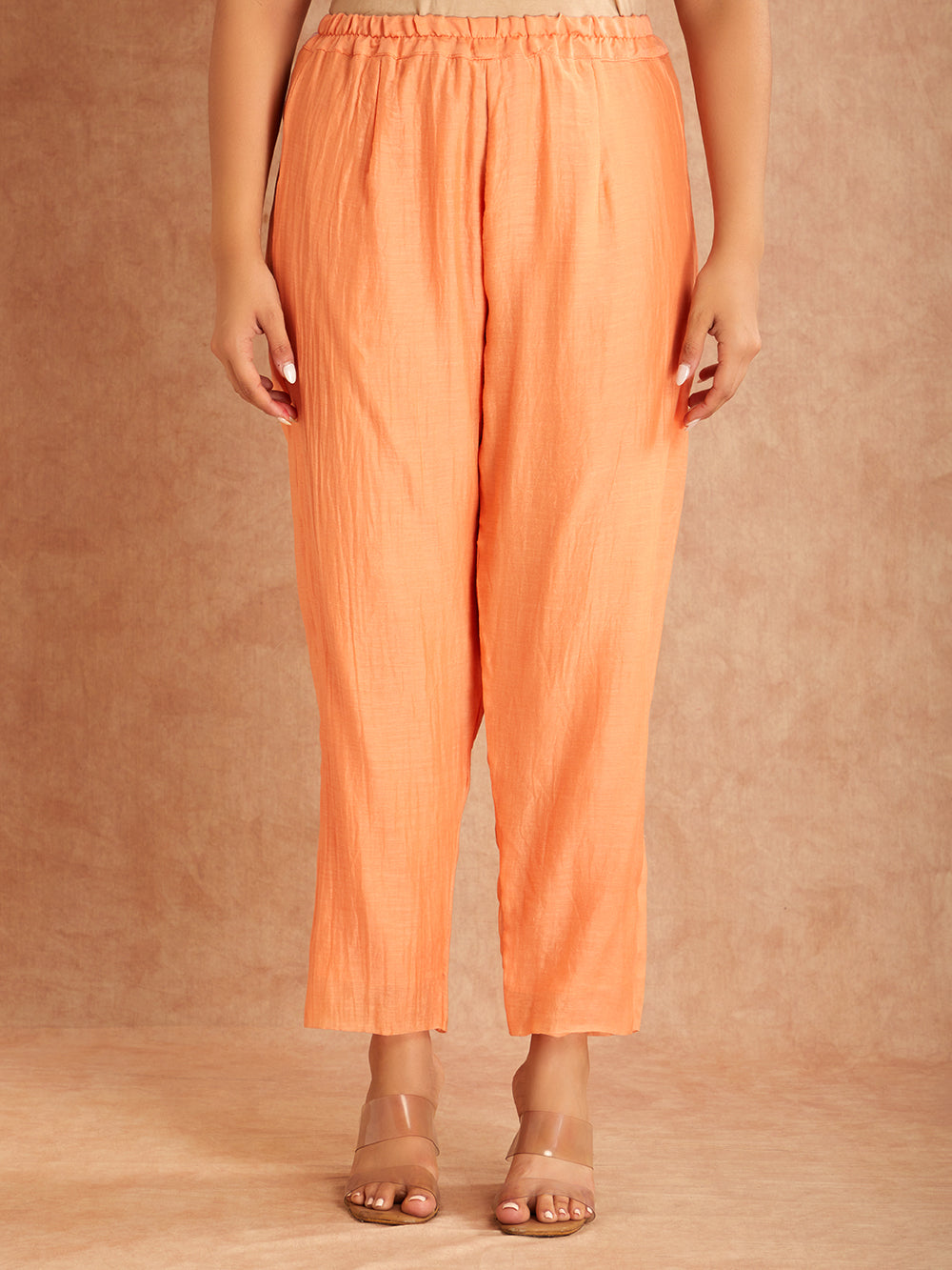 Peach Mul Chanderi Silk Embroidered Pastel Peach Kurta With Pants