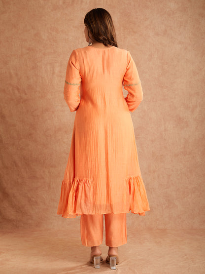 Peach Mul Chanderi Silk Embroidered Pastel Peach Kurta With Pants
