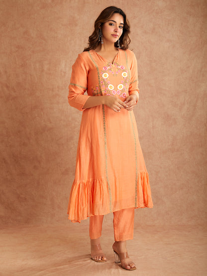 Peach Mul Chanderi Silk Embroidered Pastel Peach Kurta With Pants