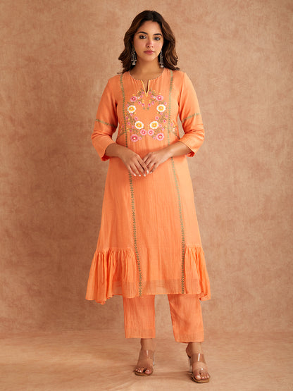 Peach Mul Chanderi Silk Embroidered Pastel Peach Kurta With Pants