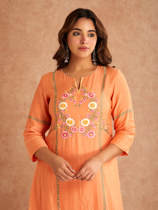 Peach Mul Chanderi Silk Embroidered Pastel Peach Kurta With Pants
