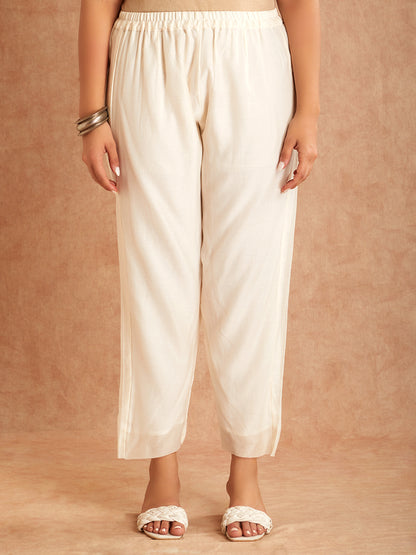 Off White Silk Embroidered Mul Chanderi kurta with pants