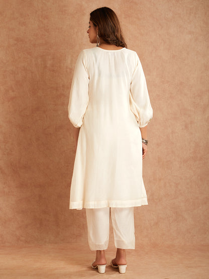 Off White Silk Embroidered Mul Chanderi kurta with pants