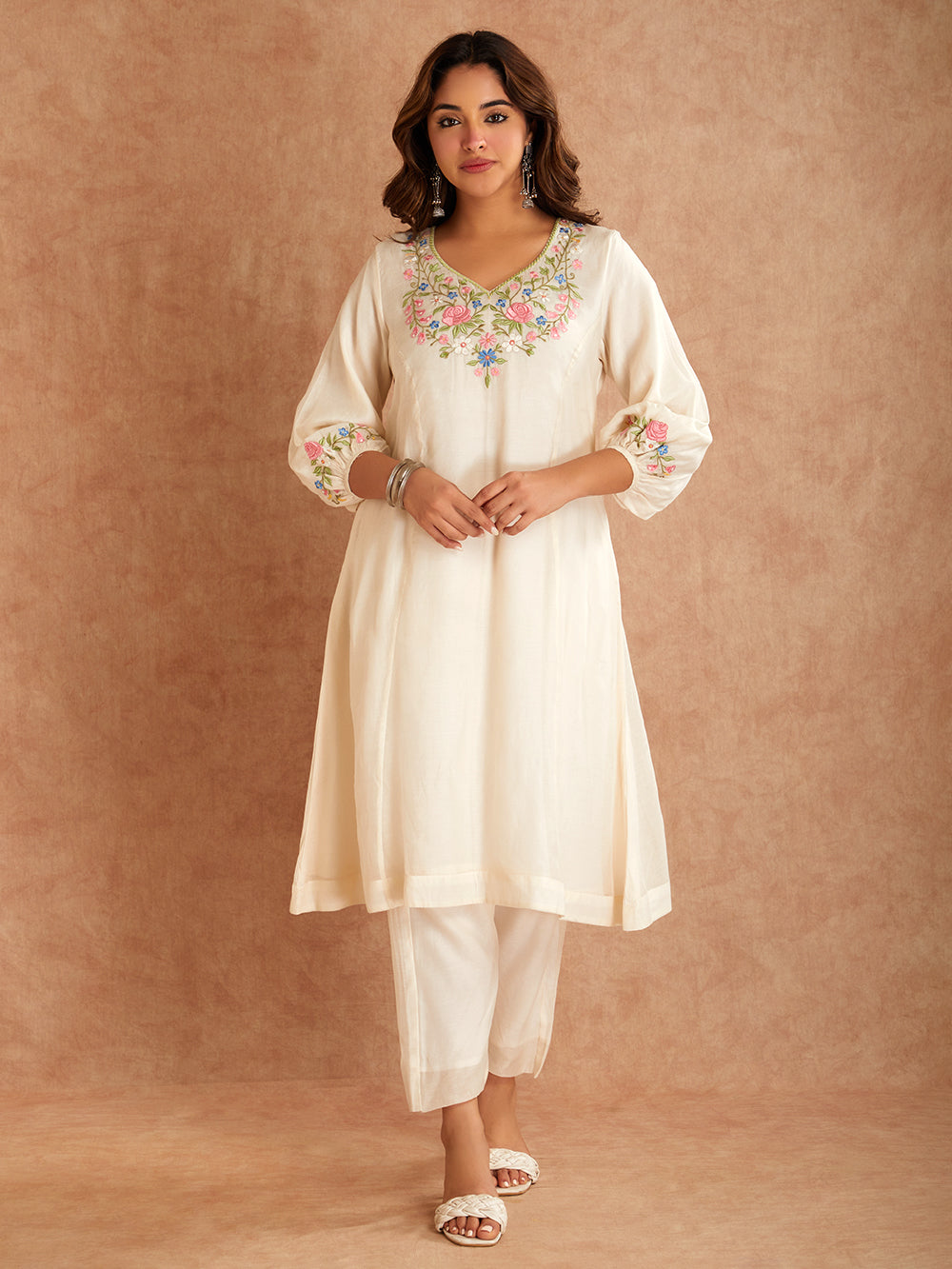 Off White Silk Embroidered Mul Chanderi kurta with pants