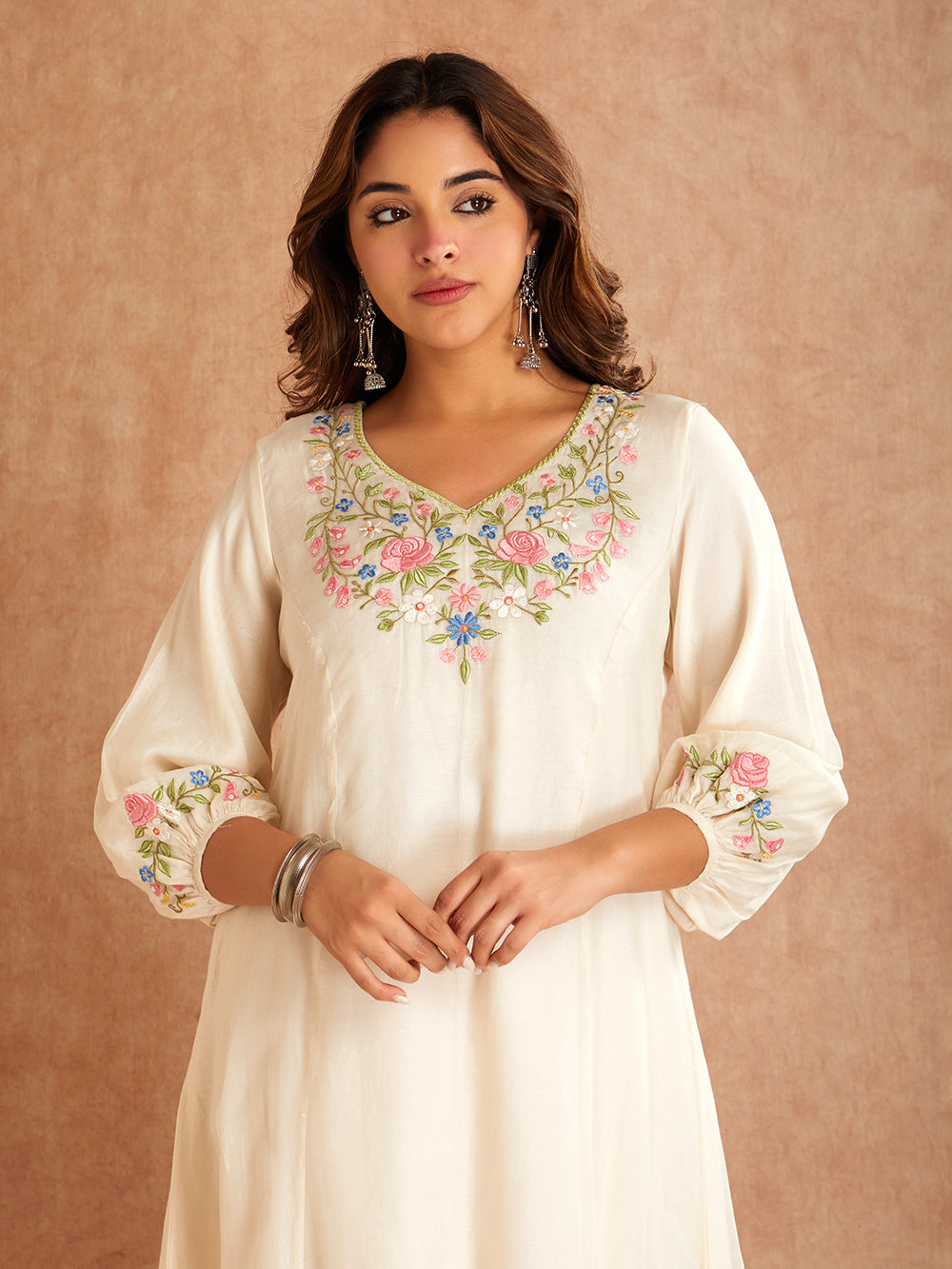 Off White Silk Embroidered Mul Chanderi kurta with pants