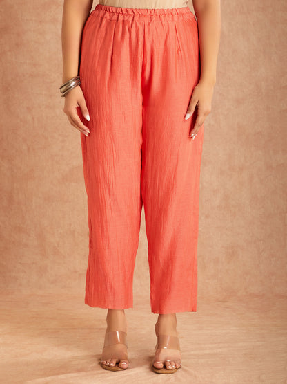 Coral Red Silk Embroidered Mul Chanderi Kurta With Pant