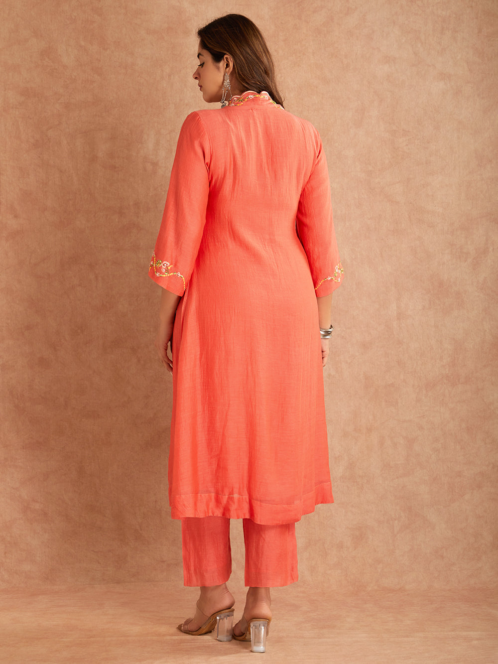 Coral Red Silk Embroidered Mul Chanderi Kurta With Pant