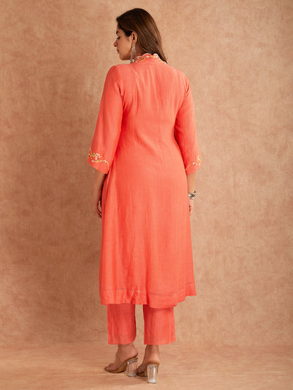 Coral Red Silk Embroidered Mul Chanderi Kurta With Pant