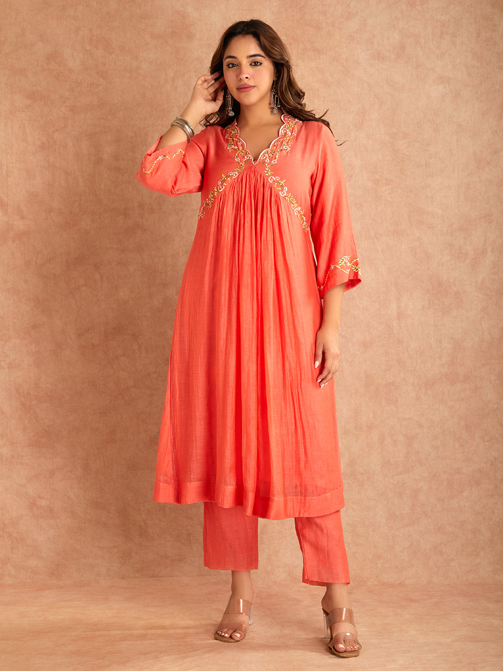 Coral Red Silk Embroidered Mul Chanderi Kurta With Pant