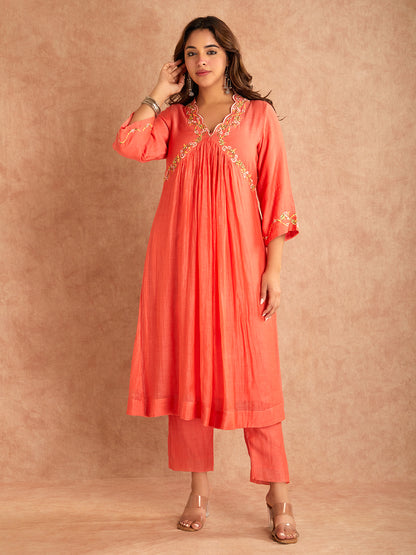 Coral Red Silk Embroidered Mul Chanderi Kurta With Pant