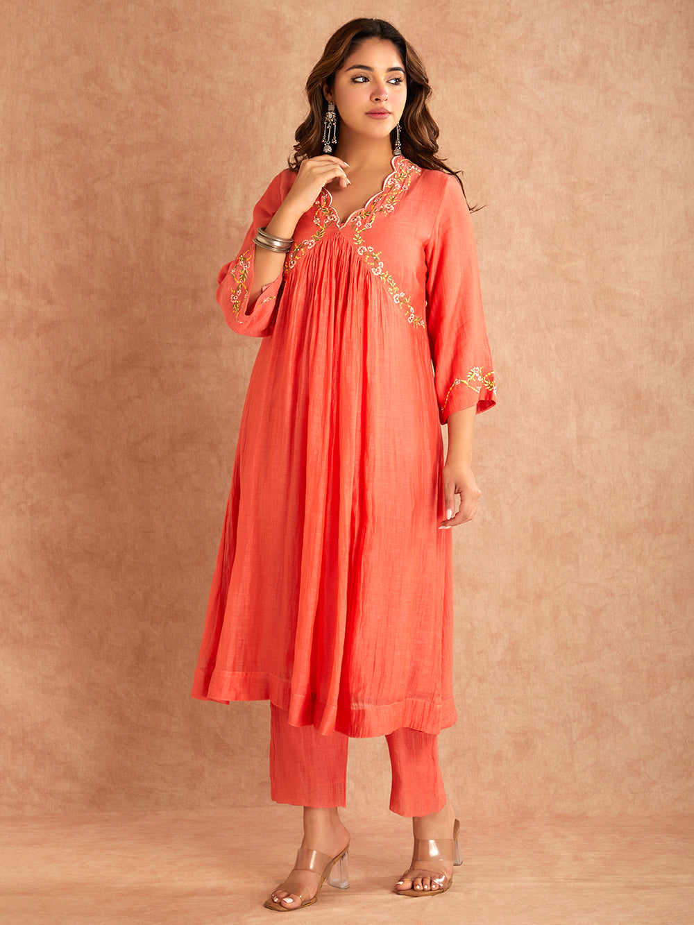 Coral Red Silk Embroidered Mul Chanderi Kurta With Pant