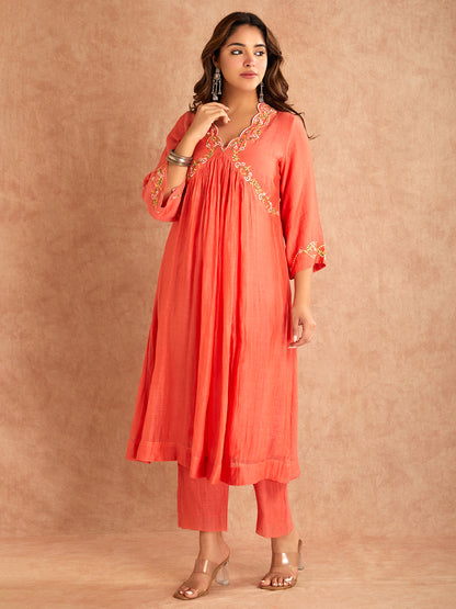 Coral Red Silk Embroidered Mul Chanderi Kurta With Pant