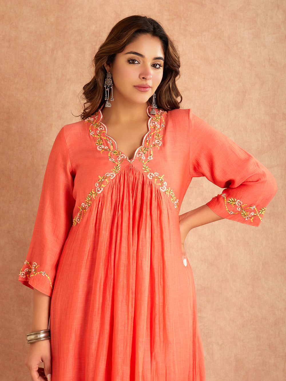 Coral Red Silk Embroidered Mul Chanderi Kurta With Pant