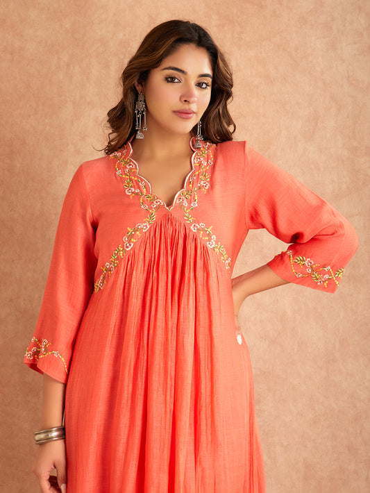 Coral Red Silk Embroidered Mul Chanderi Kurta With Pant