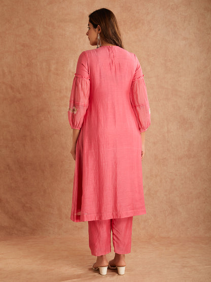 Pink Mul Chanderi Silk Embroidered Kurta With Pants