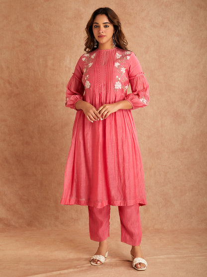 Pink Mul Chanderi Silk Embroidered Kurta With Pants