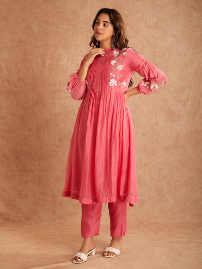 Pink Mul Chanderi Silk Embroidered Kurta With Pants