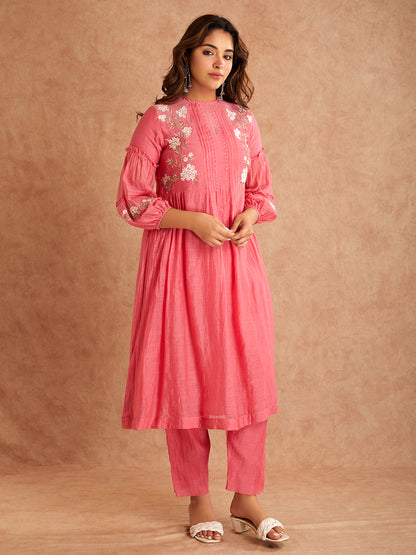 Pink Mul Chanderi Silk Embroidered Kurta With Pants