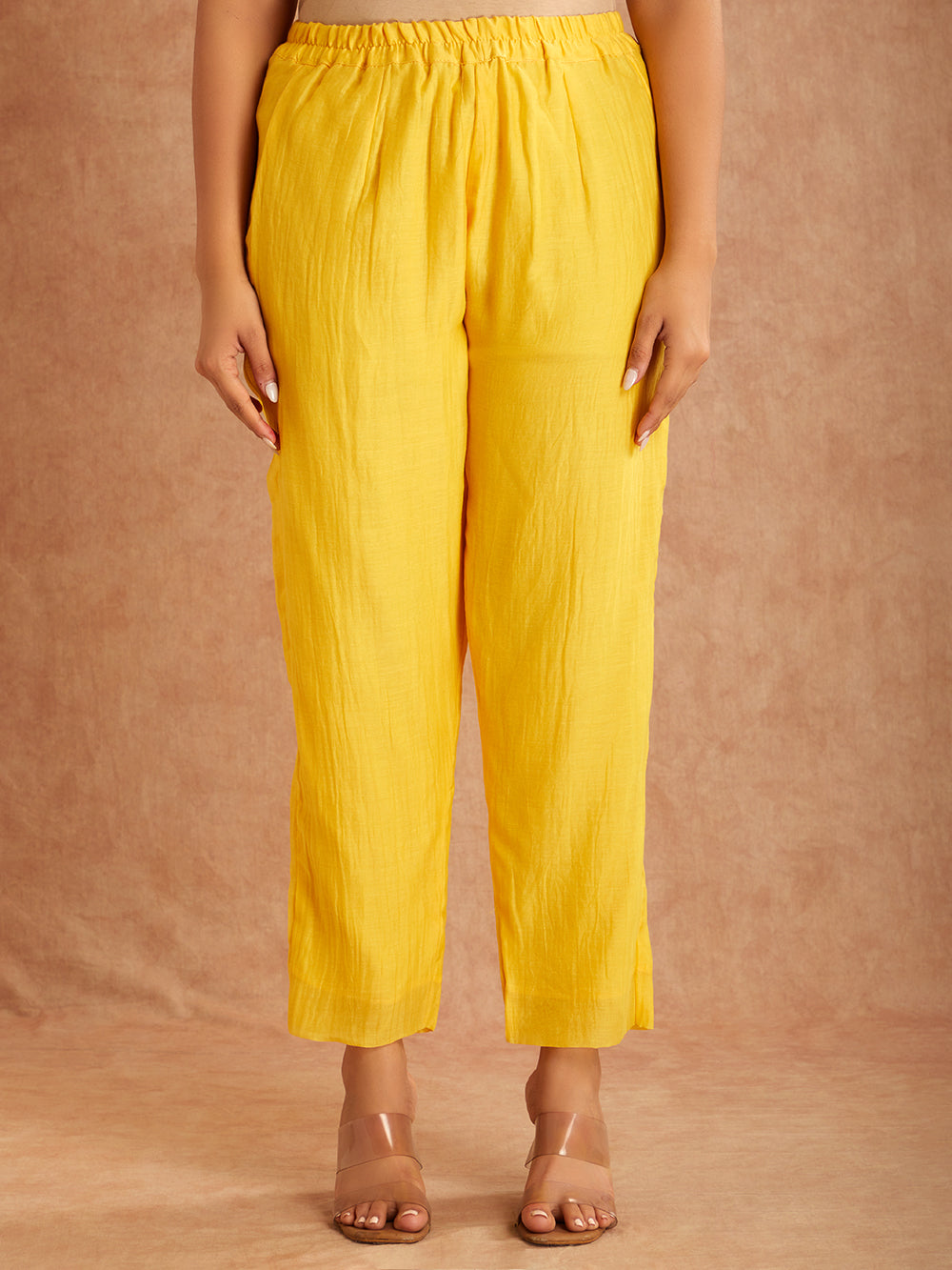 Yellow Mul Chanderi Silk Embroidered Kurta with Pants