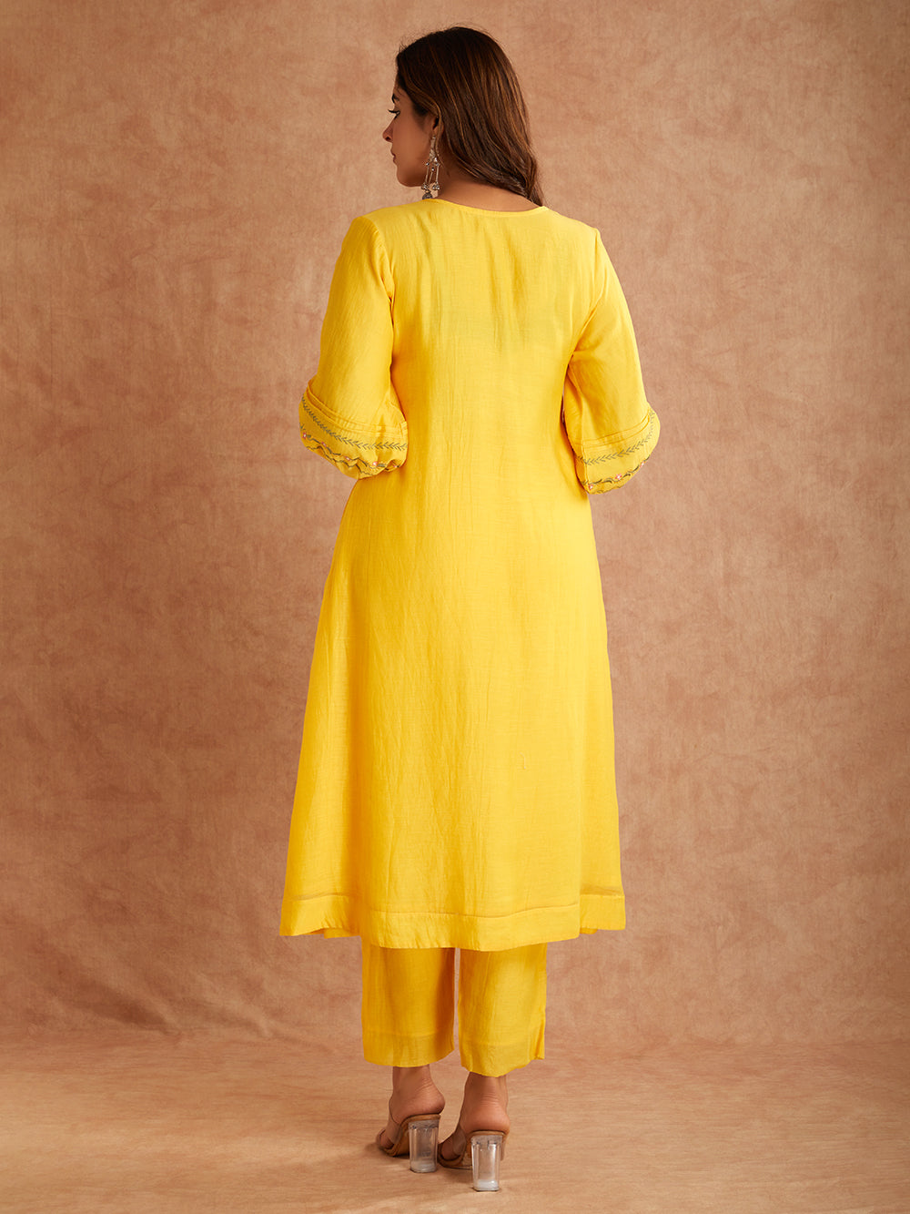 Yellow Mul Chanderi Silk Embroidered Kurta with Pants