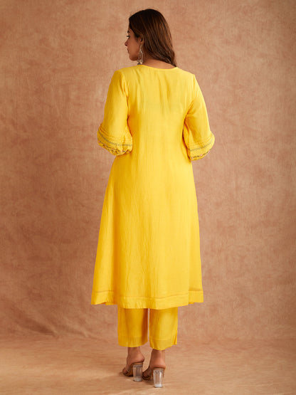 Yellow Mul Chanderi Silk Embroidered Kurta with Pants